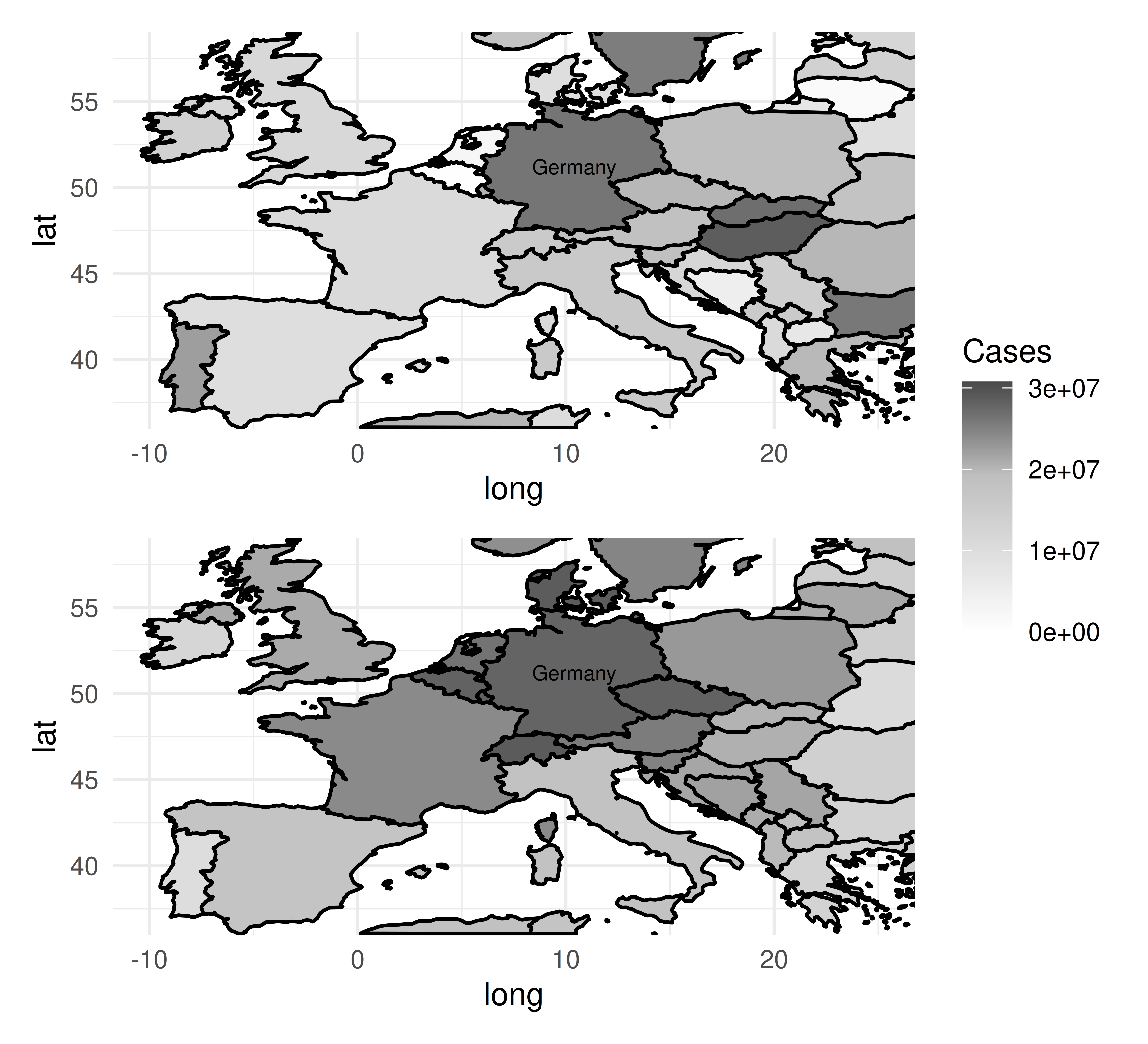 Image shows two separate maps of Europe. Top map has a random distribution of colors from white to dark gray. Bottom map shows darkest color (dark gray) at Germany with increasing lightness as the countries are increasingly further away.