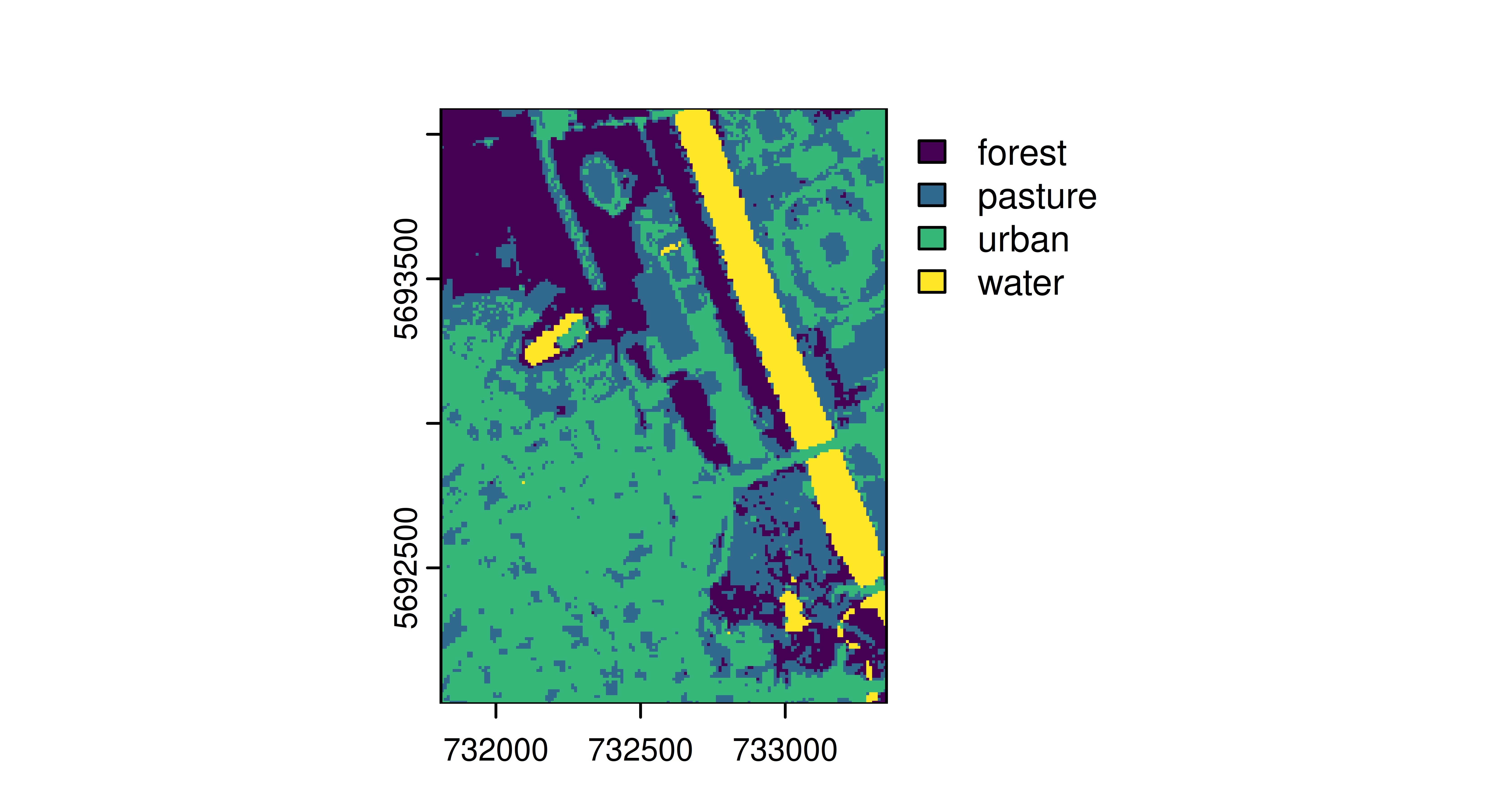 Very zoomed-in map with x-axis from 732000 to 733000 and 5692500 to 5693500 on y-axis. Different clusters are colored in green, blue, purple and yellow.
